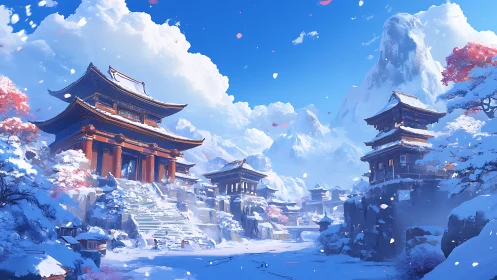 Snow covered mountain temple complex under clear blue sky.