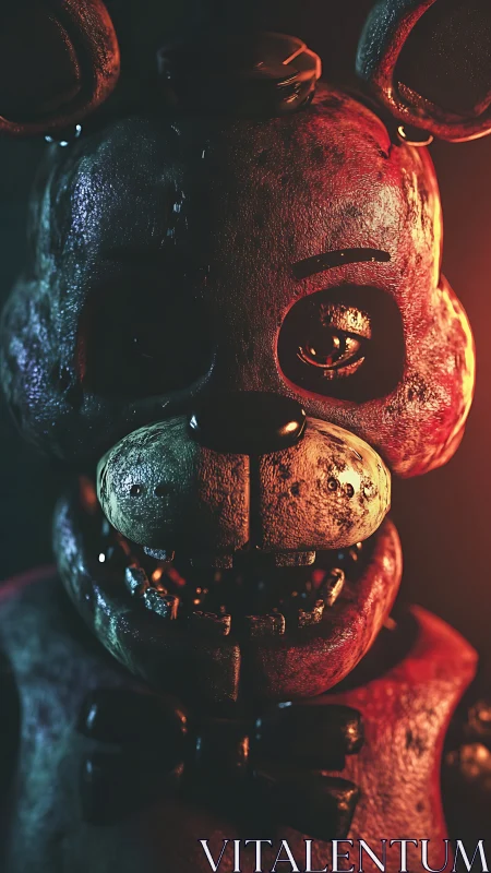 Rust-bitten animatronic bear stares through split firelight.