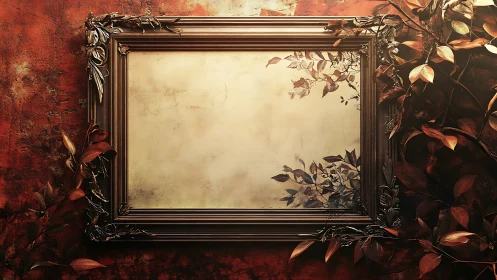 Empty ornate frame with autumnal foliage on textured wall.