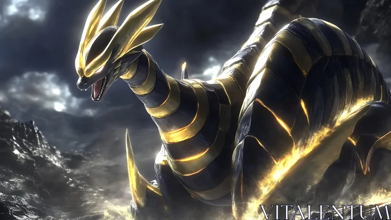 Armored serpentine dragon under stormlit volcanic skyscape.