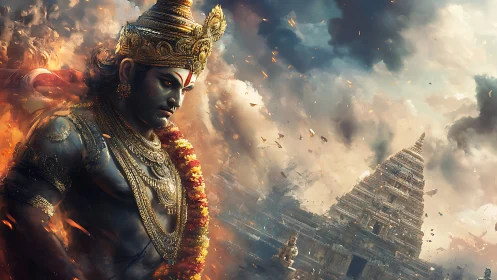 Digital warrior figure stands before temple under storm clouds