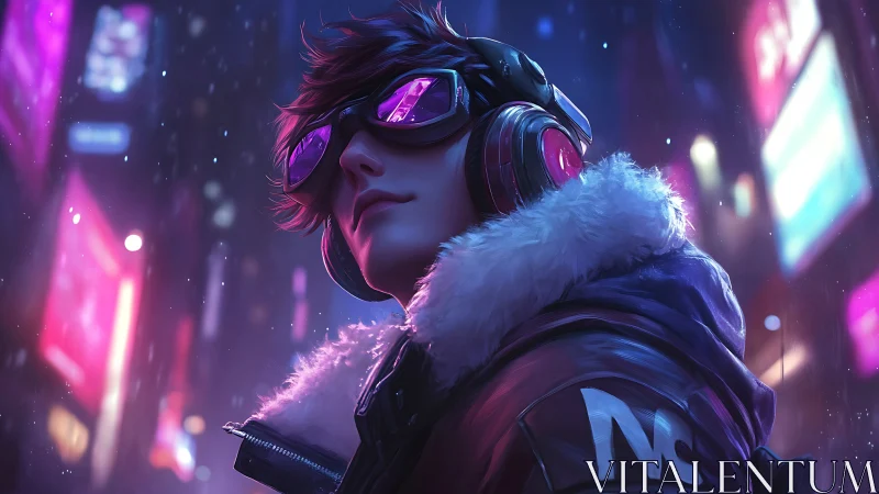 Neon-lit cyber youth in reflective goggles dominates nightscape