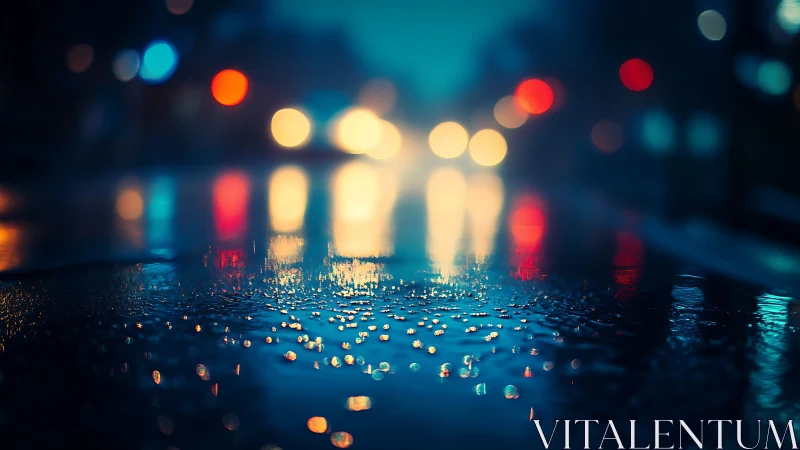 Rain-soaked city street glows under blurred night lights.