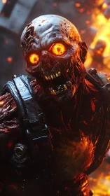 Molten-eyed cyber-zombie close-up amid explosive inferno
