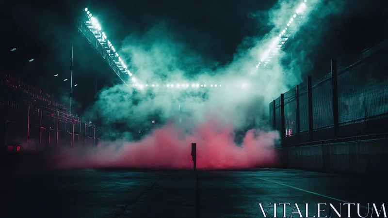 Neon smoke engulfing industrial racetrack under stadium lights.
