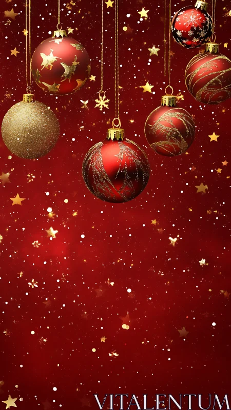 Red background with hanging Christmas baubles and star shapes.