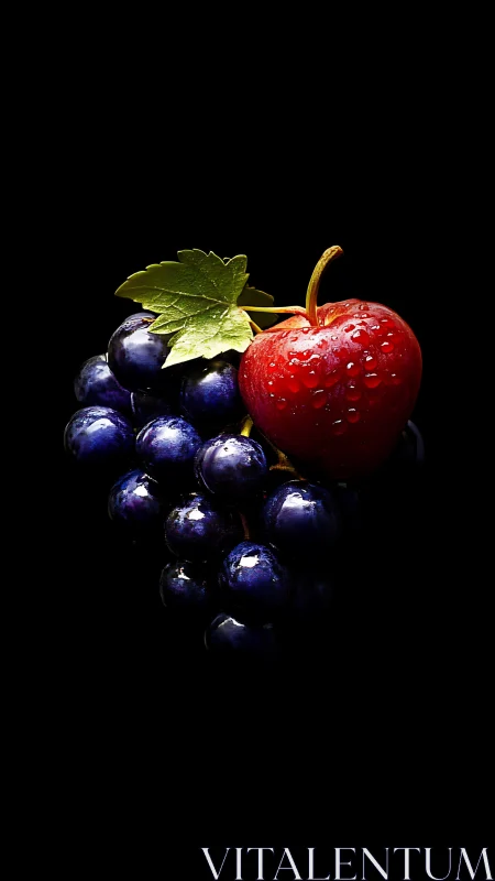 Glistening grape cluster crowns a ruby apple in velvet dark