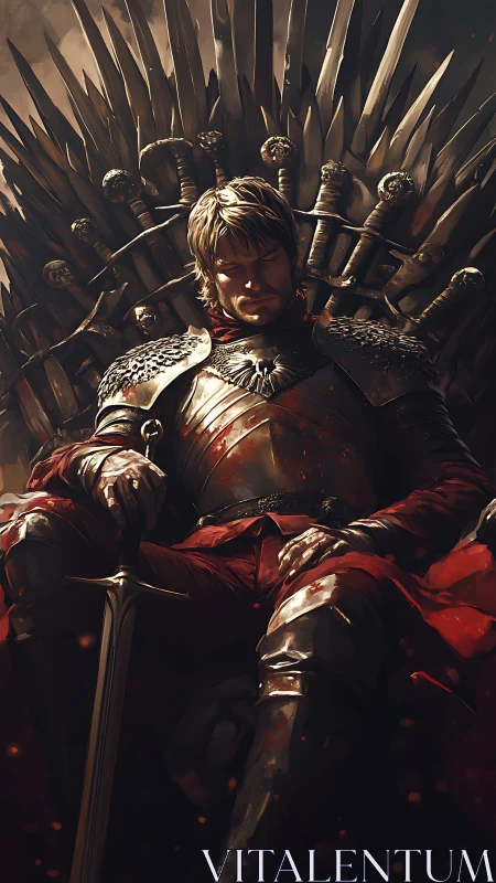 Armored warlord slumped on bladed throne under directional firelight