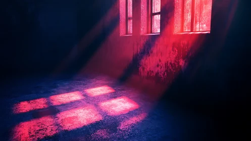Volumetric magenta light through industrial windows in darkness