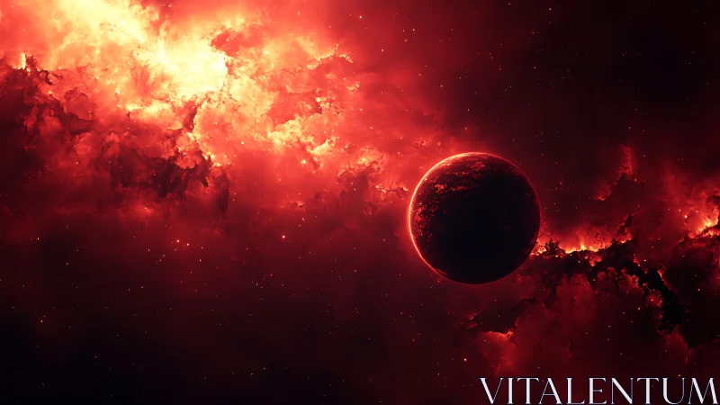 Glowing red planet drifting through a fiery cosmic sky.