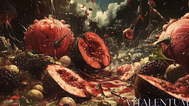 Riot of splattered autumn fruit in a stormy fantasy feast.