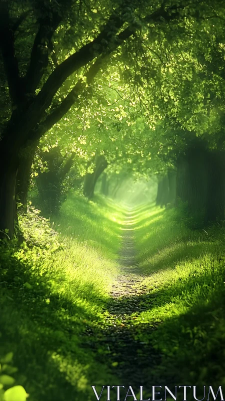 Luminous Forest Tunnel Through Verdant Canopy.
