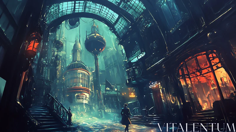 Gilded skyway city glows above a lone twilight wanderer.