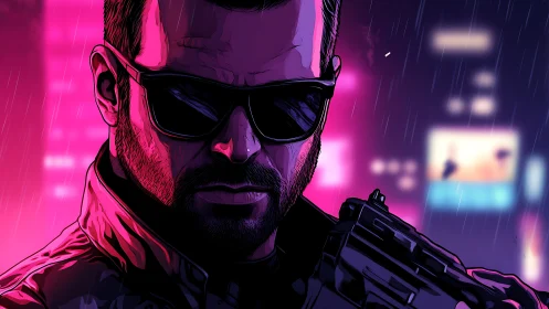 Neon-soaked antihero stands ready in a rainlit cyber city
