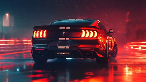 Muscle car glows in neon rain on a slick night street.