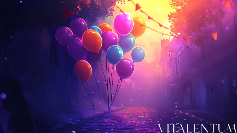 Volumetric light rendering with chromatic balloon cluster in atmospheric urban corridor