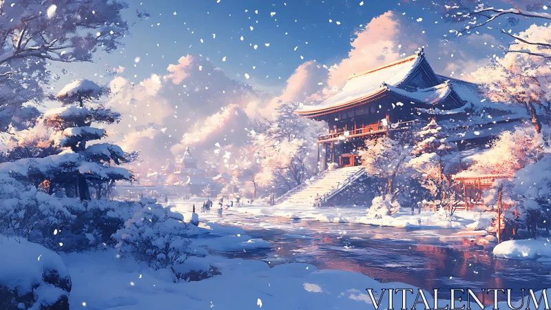 Digital painting of snow-laden temple beside reflective winter river.