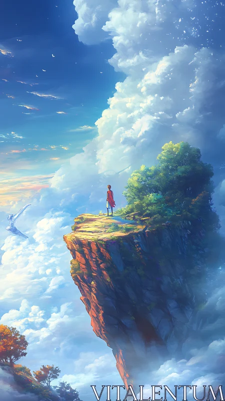 Solitary figure on sunlit cliff above dense cloud sea.