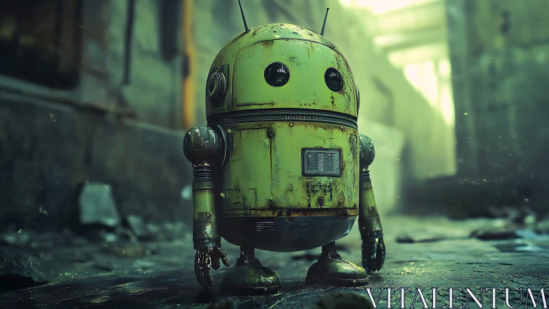 Weathered cylindrical robot stands in a degraded alleyway
