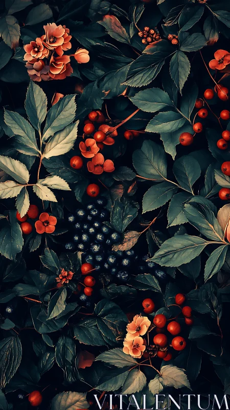 Autumn Berries and Blossoms in Moody Garden Light