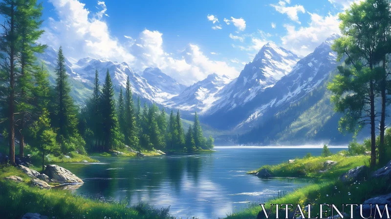 Mountain lake with pine forest and distant snowy peaks.