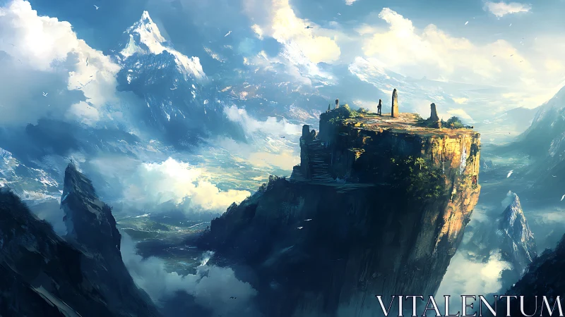 Isolated cliff plateau overlooks distant snowy mountain ranges