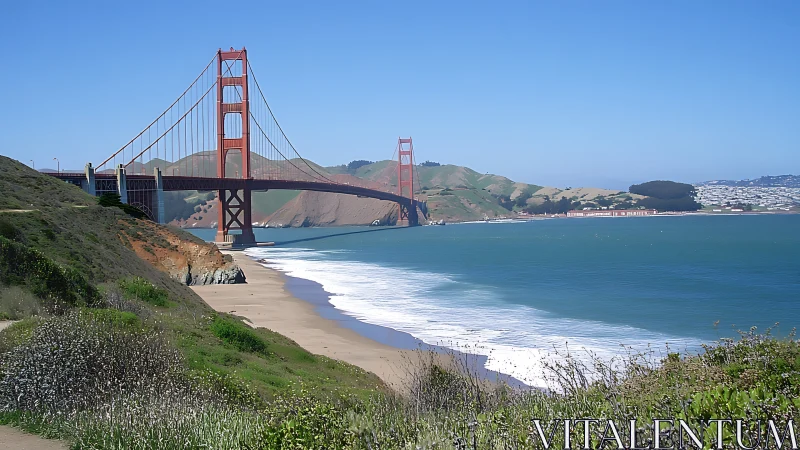 Golden Gate Bridge spans a sunlit bay beside rugged coast.