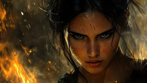 Battle-scarred warrior portrait in blazing cinematic firelight