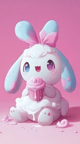 Adorable Pink Bunny Character Holding Cupcake.