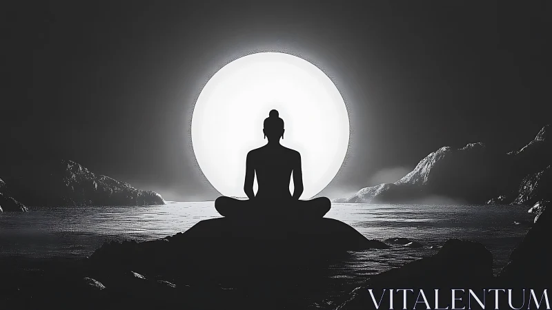 Silhouette of seated figure before large circular light source