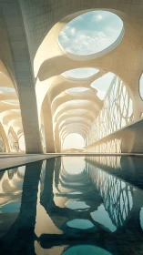 Futuristic arches span reflective pool under open sky.