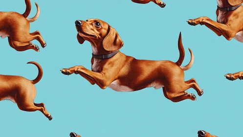 Seamless pattern of dynamically posed dachshunds on cyan ground