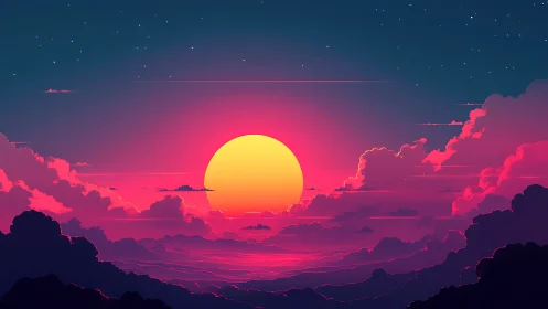 Neon sunset over stratified clouds in stylized digital landscape