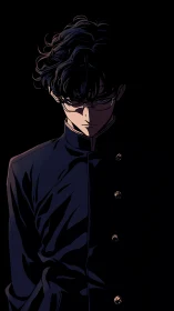Male student in dark uniform against black backdrop.