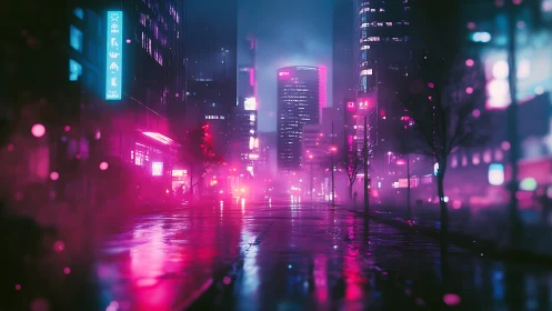 Neon drenched cyberpunk avenue rendered with wet street reflections