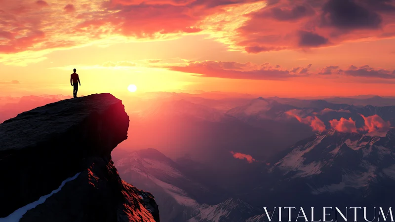 Silhouetted figure surveys volumetric-lit mountains at radiant sunset