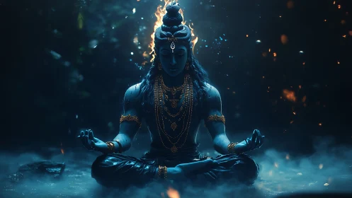 Divine blue yogic figure meditates in glowing ember-lit mist