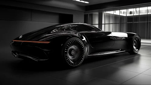 Sleek black concept supercar glows in a futuristic studio.