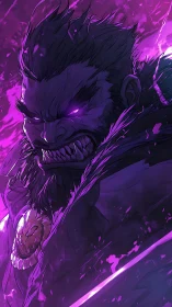 Dark bearded warrior with glowing violet eyes and snarl.