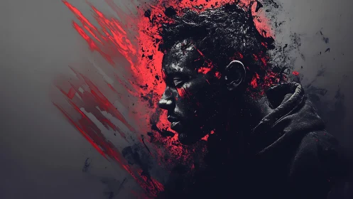 Side profile portrait with dynamic red abstract splashes.