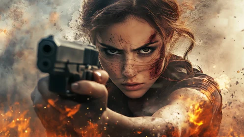 Fierce heroine charging through fire with unshakable focus.