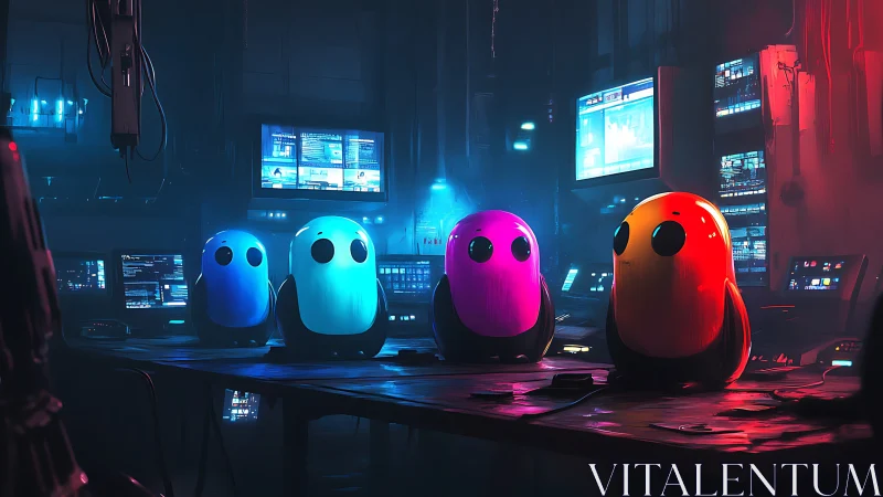 Colorful robot assistants in neon lit cyberpunk control room.