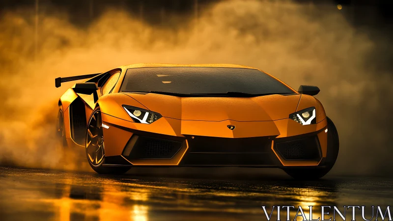 Aerodynamic supercar in vapor-rich, low-key track lighting.