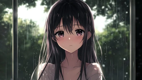 Anime portrait under rainlit window with soft bokeh depth.