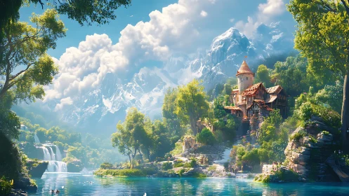 Sunlit riverside castle within luminous alpine valley.