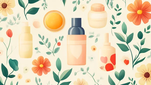 Skin care containers with floral botanical decorative background.