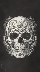 Ornate skull illustration with symmetrical floral detailing.
