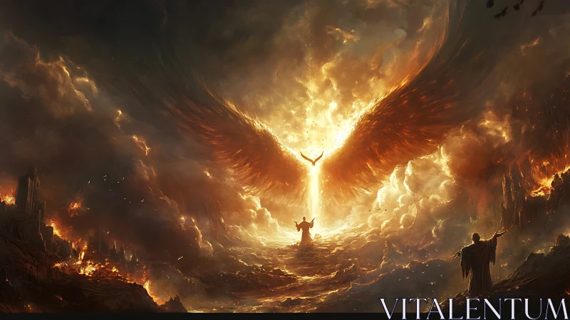 Blazing angelic wings rise over a storm of fire and light