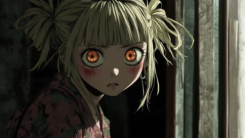 Intense anime girl stares from doorway in dramatic shadow.