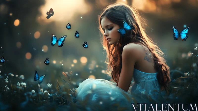 Girl in forest glade surrounded by glowing blue butterflies.